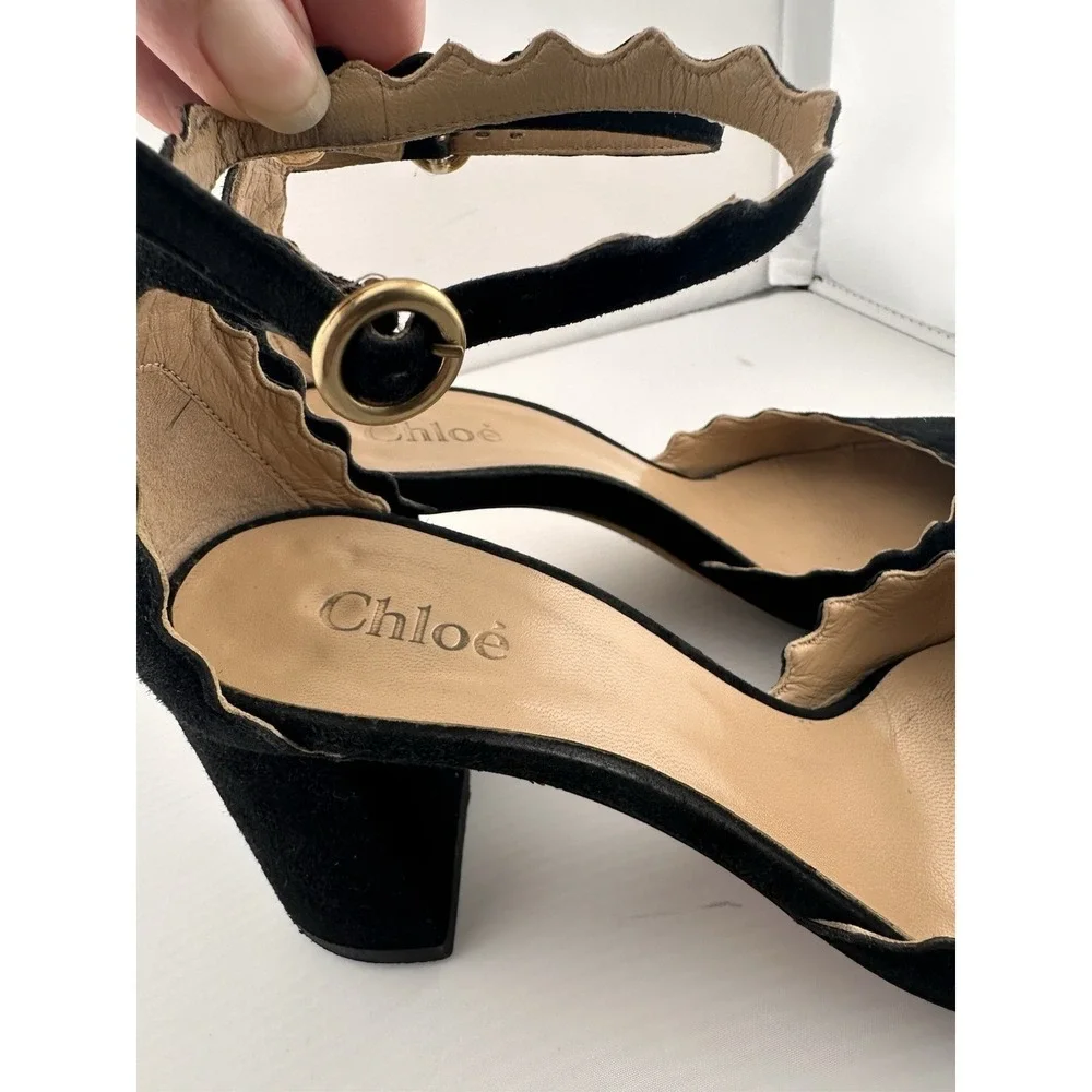 Chloe Black Suede Scalloped Ankle Strap Block Heels 35.5 Ballet Classic US 5.5‎